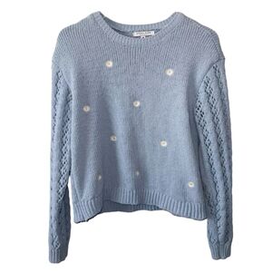 ANGEL KISS Women's Blue Floral Knit Crew Neck Pullover Stretchy Sweater